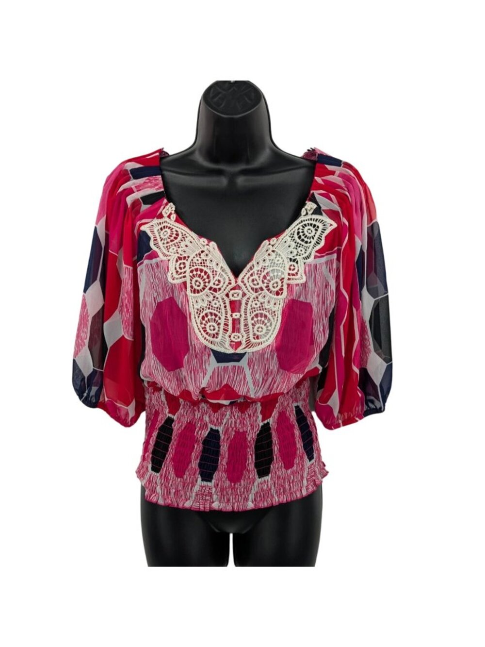 Vtg XOXO Geometric Peplum Top Sheer Crochet Smocked Y2K Office Festival Medium